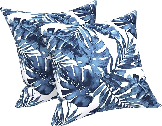 LVTXIII Outdoor/Indoor Throw Pillows, Decorative Throw Pillows with Inserts, 18”x18” Square Pillows for Bed, Couch, Sofa and Patio Furniture (Set of 2, Palm Blue)