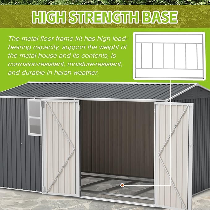 8x12 FT Storage Shed Outdoor, XL Heavy-Duty Steel Building with Window – Features Hinged Gray Doors & 4 Air Vents for Backyard, Garden, Patio, with Floor Frame (Gray)