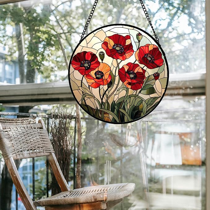 Stained Glass Window Hanging - Red Wildflowers Suncatcher for Door Garden Yard Flowers Sun Catchers Decor Christmas Mother's Day Birthday Gifts for Women Mom Nana Friend Men 11.8 in