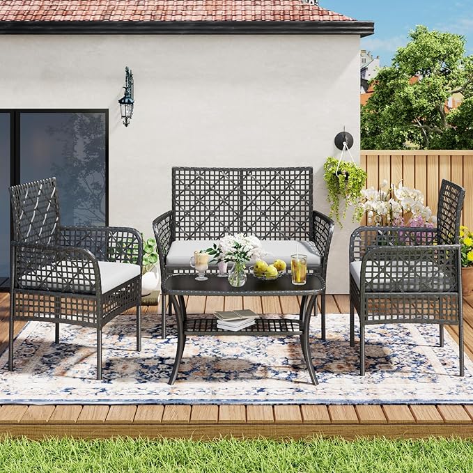 4-Piece Patio Furniture Set, Weather-Resistant Rattan Patio Conversation Set with Two-Tier Coffee Table, Upholstered Openwork Wicker Furniture for Porch, Garden, Lawn, Gray