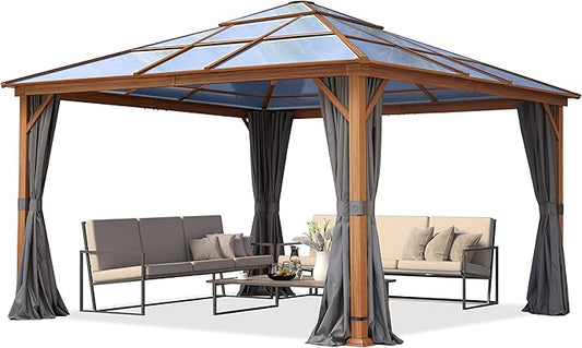 TOOLPORT Hardtop Gazebo 13x13 ft with Polycarbonate Roof - Wood-Like Finish - 4 Side Panels in Gray
