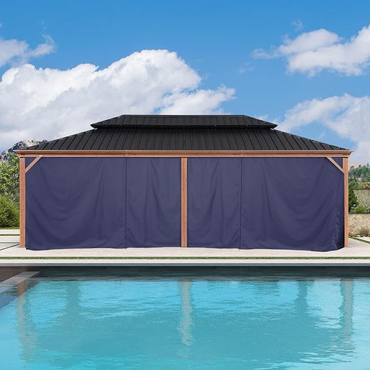 PURPLE LEAF 14' X 24' Outdoor Hardtop Gazebo for Patio Galvanized Steel Double Roof Permanent Canopy Teak Finish Coated Aluminum Frame Pavilion Gazebo with Nettings and Navy Blue Curtains