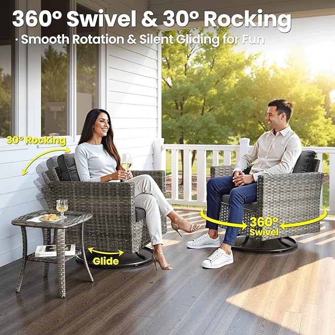 ovios 8 Pieces Patio Furniture Set with Swivel Chairs Rocking Gliders, Outdoor Sofa Couch with Solar Lights Table Comfy Cushions, Modern Deep Seat Wicker Rattan Conversation Set, Black