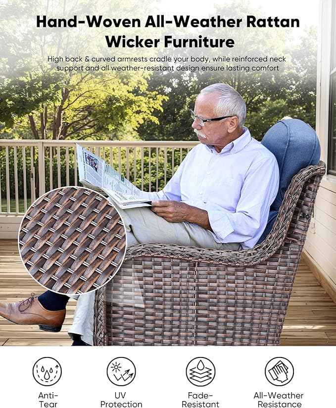 HUMMUH 3-Piece Swivel Rocking Rattan Chair Outdoor, Patio Bistro Furniture Conversation Set with Cover,Cushioned Wicker Chair with Glass Coffee Table(Brown, Blue)