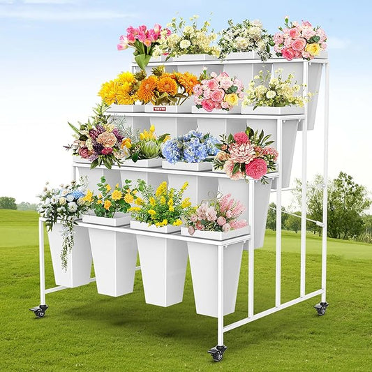 4 Layers Flower Display Stand with Buckets, 16 PCS Buckets Plant Stand with Wheels, Movable Metal Plant Stand for Terrace Garden, Living Room, Florist Shop