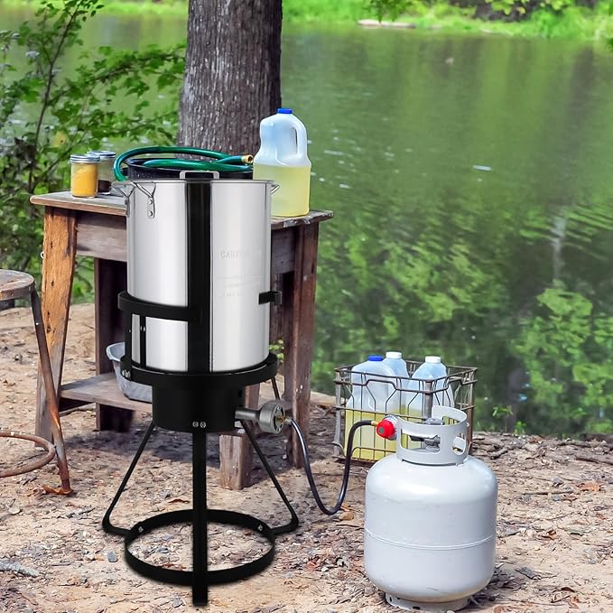 30 Qt Outdoor Round Turkey Deep Fryer Pot,Gas Propane Turkeys Fryer Set,Aluminum Seafood Boil Pot,Turkey Deep Fryers Set,with Propane Gas Burner and Basket,for Crab Lobster Shrimp Boiling (Silver)