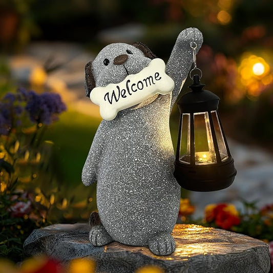 Dog Garden Statue with Solar Lantern, Cute Dog Figurine Light Decor with Welcome Sign for Outdoor Patio Balcony Yard Art, Warming Unique Resin Statue for Mom Grandma Women