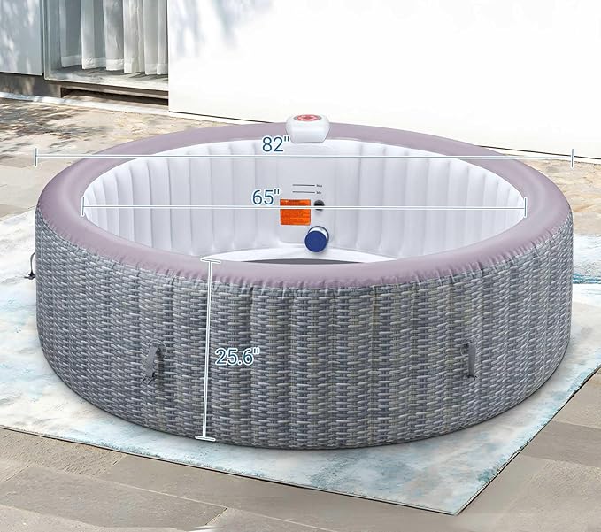73" Inflatable Round Hot Tub for 2-6 Adults, Portable Outdoor Spa with 130 Air Jets, 1350W Heater, Rattan Look, Blow Up Bubble Tub for Patio, Deck, Backyard (Round Laminated PVC)