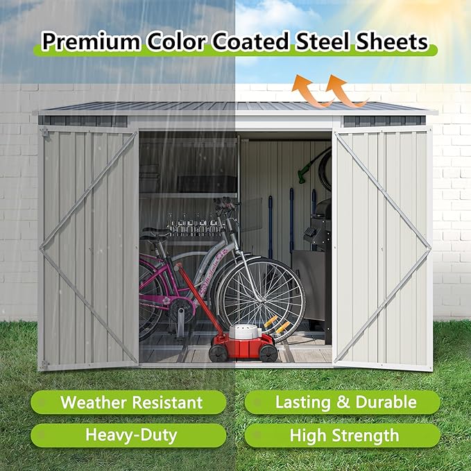 6x8FT Lean to Shed Metal Outdoor Storage Sheds with Floor Frame,Large Tool&Lawn Mower Shed with Two Lockable Doors for Garden Backyard Patio Storage,Outside Waterproof Storage Shed