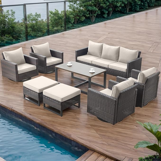 Rilyson Wicker Outdoor Patio Furniture Set - 8 Piece Patio Conversation Set with 4 Swivel Rocker Chairs,2 Rattan Ottoman,1 Couch and 1 Metal Coffee Table for Outside Porch Deck Backyard(Brown/Beige)