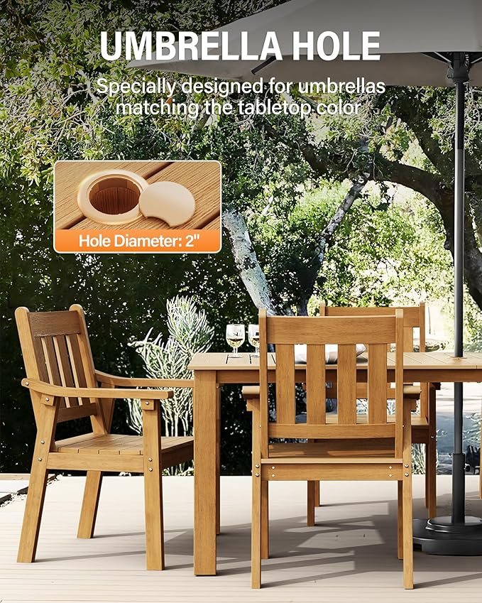 YEFU Outdoor Dining Table for 6: All Weather Rectangular Patio Table with Umbrella Hole and Aluminum Frame - Outdoor Furniture for Outside Backyard/Garden/Pool/Porch/Deck, 300lbs Capacity, Teak
