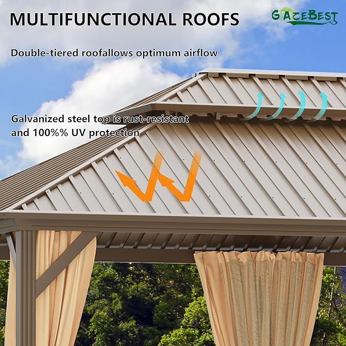 12x18 ft Hardtop Gazebo Outdoor Aluminum Patio Gazebo Double Roof Galvanized Steel Canopy with Netting and Curtains for Garden, Backyard, Deck and Lawns.