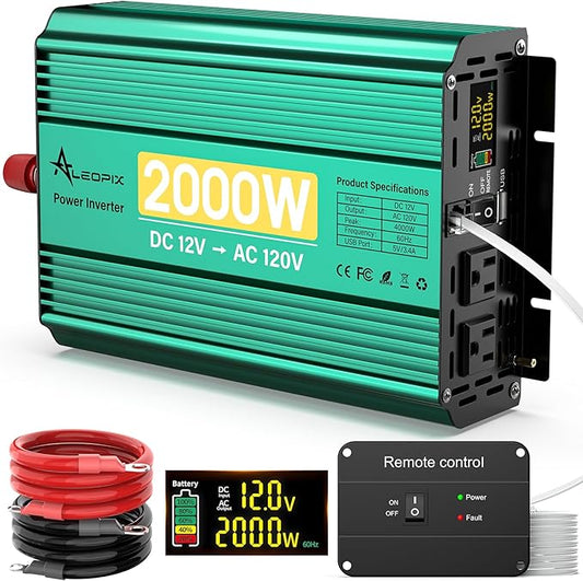 2000 Watt Inverter 12V to 110V/120V, Truck Inverter Modified Sine Wave 4000W Peak Power for Vehicles Car RV, with Remote Controller LED Digital Didplay 2 AC Outlets 3.4A USB Port