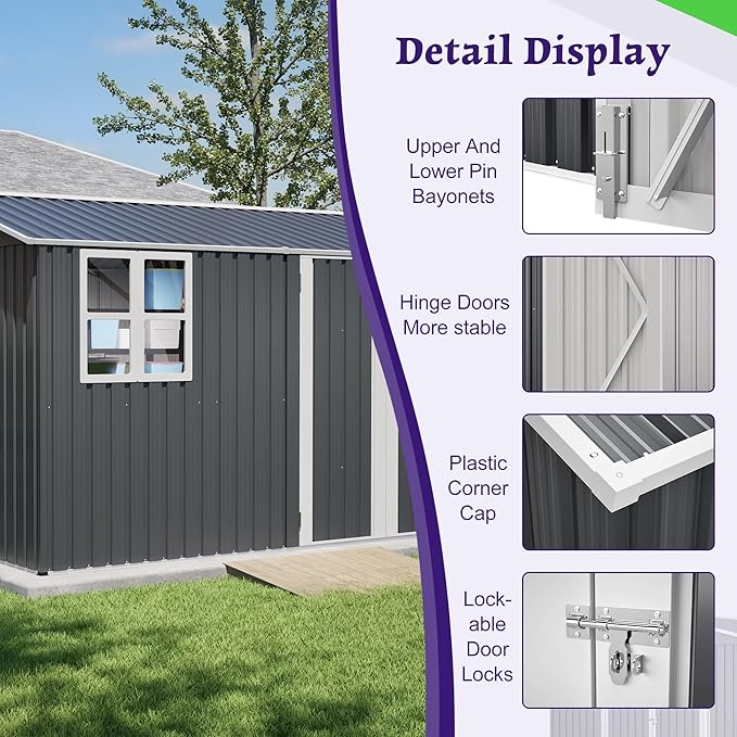 8x10 FT Shed Outdoor Storage Metal Large Garden Tool Sheds with Lockable Doors Floor Frame Window Gable Roof Waterproof Steel Utility Equipment Sheds for Backyard Patio Lawn Poolside, Grey