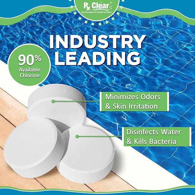 Rx Clear 3" Inch Stabilized Chlorine Tablets | 1200 Lbs | Individual Chlorinating Tabs | Sanitizing Swimming Pools | Long Lasting, Slow Dissolving, UV Protected (24 x 50 LB Buckets)