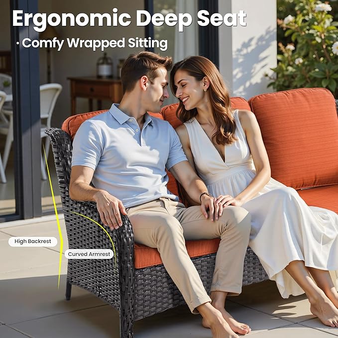 ovios 7 Pieces Patio Furniture Set, Outdoor Wicker Sofa Couch with Swivel Chairs 54" Fire Pit Table, High Back All Weather Modern Conversation Sets, Brown Rattan, Orange Red