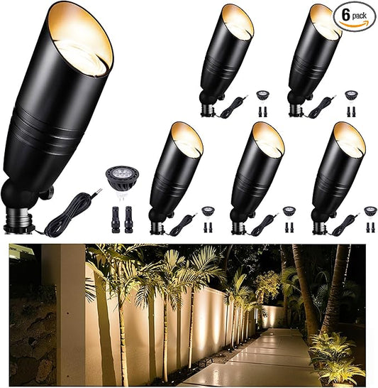 Low Voltage Spotlight, Black LED Landscape Lighting Tree Light, Outdoor 12V Waterproof Aluminum Uplight for Tree Yard Garden with 5W MR16 Bulb 2700K 6 Pack