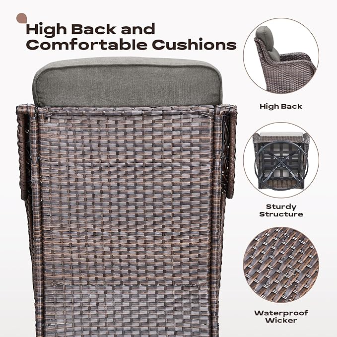 Rilyson Wicker Outdoor Patio Furniture Set - 4 Piece Patio Conversation Set with Swivel Rocker Chairs and Ottomans, 6 inch Cushions, High Back, Deep Seating, for Porch Deck Garden Brown/Grey