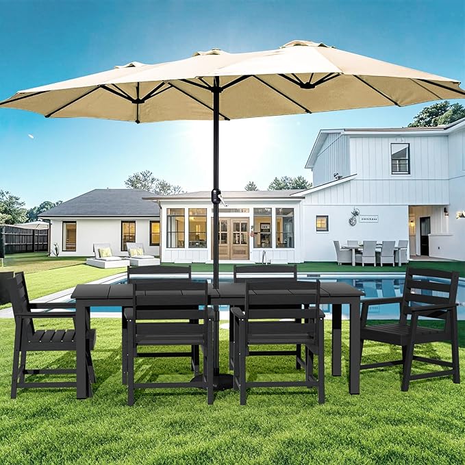 LOUNZY 7 Pieces Patio Dining Sets, 75.2'' Table Outdoor HDPE Furniture Set w/ 2" Hole Cut-Out Dining Table with 6 Patio Chairs for Lawn, Pool and Yard,Black