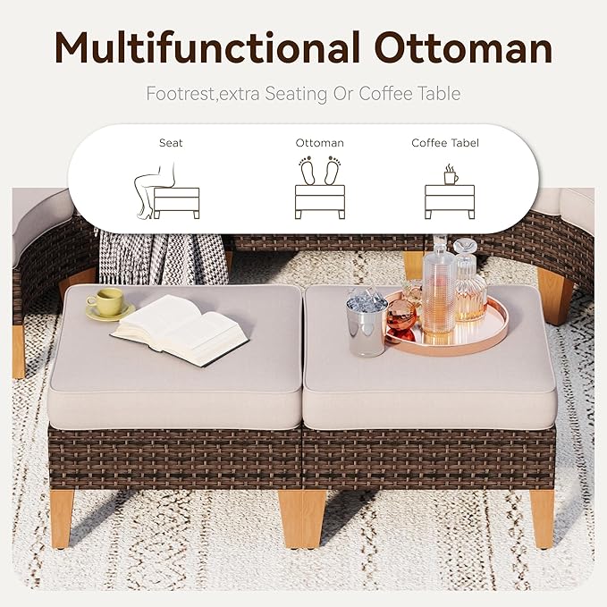 GREEN PARTY 9 Pieces Wicker Patio Furniture Set with 56" Fire Pit Table, All-Weather Outdoor Rattan Patio Sectional Sofa Conversation Set 9 Seats with 4" Thick Cushions for Garden, Backyard