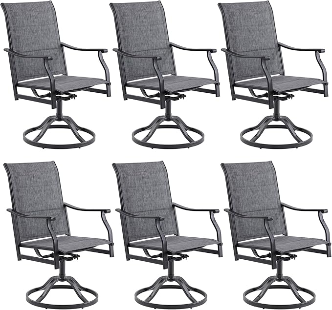 Swivel Patio Chairs Set of 6, Outdoor Patio Dining Chairs with Padded Textilene, Swivel & Rocker Metal Outdoor Dining Chairs All-Weather for Backyard, Grey Fabric with Black Frame