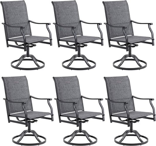 Swivel Patio Chairs Set of 6, Outdoor Patio Dining Chairs with Padded Textilene, Swivel & Rocker Metal Outdoor Dining Chairs All-Weather for Backyard, Grey Fabric with Black Frame
