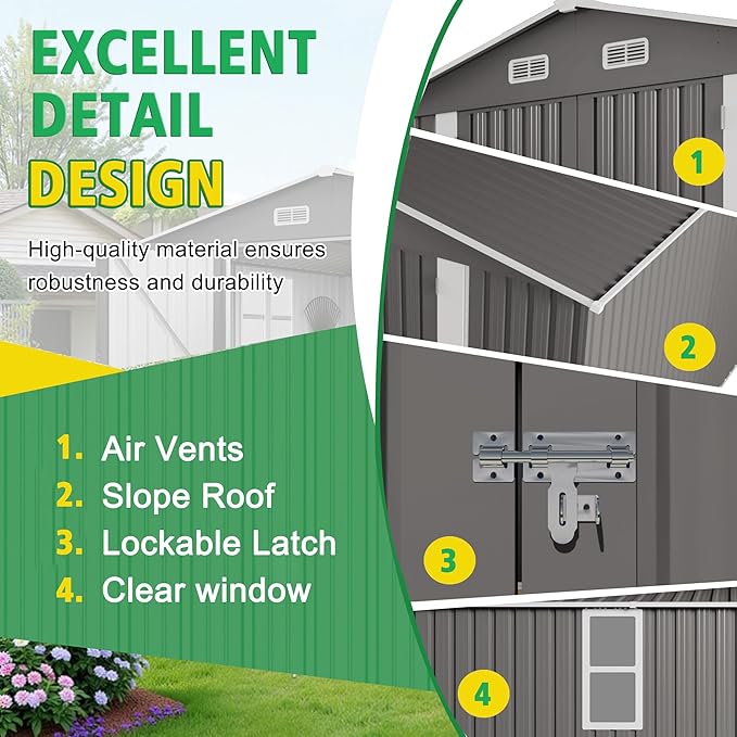 10x12 FT Outdoor Storage Shed, Large Metal Garden Shed with Double Door Two Window Waterproof Tool Shed for Backyard Patio Lawn Poolside, Grey