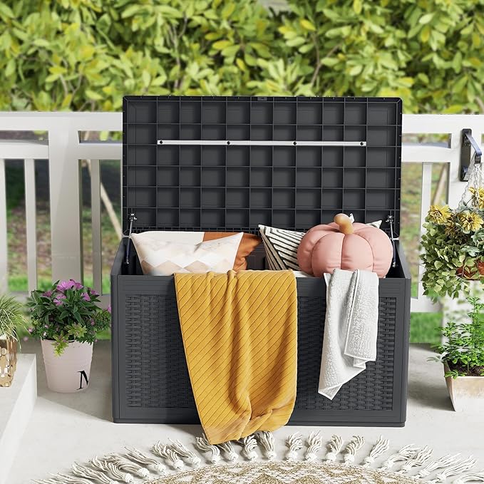 HAPPYGRILL 100 Gallon Resin Deck Box Outdoor Waterproof Storage with Lockable Lid, Rattan Texture Storage Container with Wheels for Pool Accessories, Garden Tool, Patio Furniture Cushion (Grey)