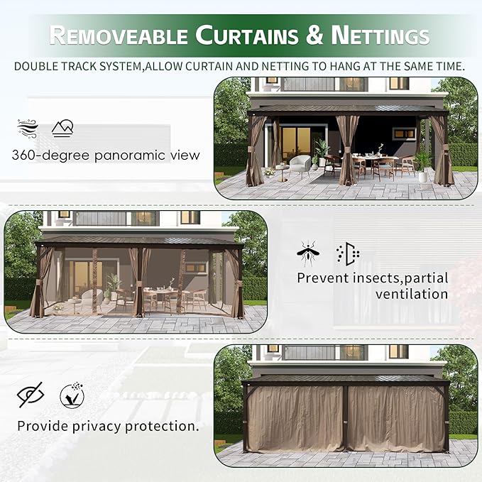 12’ x 20’ Lean to Gazebo, Outdoor Wall Mounted Gazebo Aluminum Frame, Hardtop Pergola with Galvanized Steel Sloping Roof for Patio Deck Garden Backyard, Curtain and Netting Included