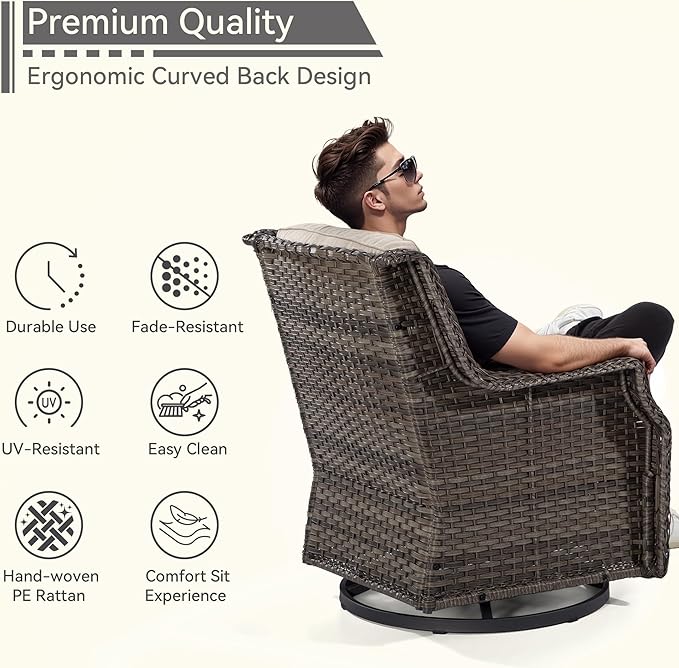 Swivel Patio Chair Outdoors - 360 Degree, Set of 2, Glider Chair with 3.5" Olefin Fabric Cushions (Mixed Grey Rattan/Beige)