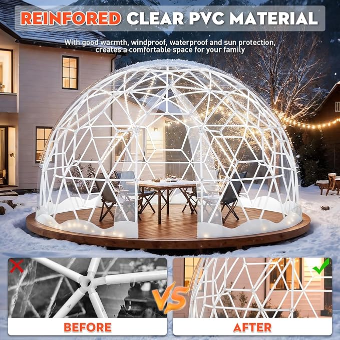 12FT Garden Dome Tent, Geodesic Dome Greenhouse with PVC Clear Cover, Waterproof Garden Bubble Dome Tent House with 2 x 10M Light Strings for Outdoor, Patio, Backyard, Party (White Edge, 15FT/4.6M)