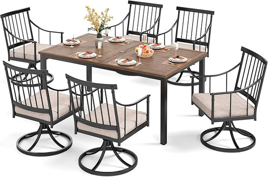 PHI VILLA 7 Pieces Outdoor Dining Set for 6, 65” Wood-Like Metal Rectangle Dining Table & Swivel Chairs with Cushions, Large Dining Furniture Set for Patio, Deck, Porch, Yard