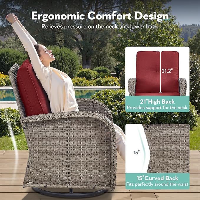 7 Piece Patio Furniture Set - Wicker Patio Conversation Set with Swivel Glider, Glider Loveseat, Tempered Glass Side Table and 2 Ottomans for Deck Backyard - Grey Wicker Red Cushion