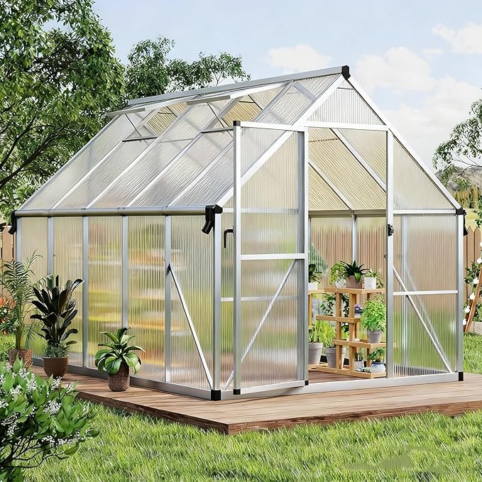 GAOMON 8x10 FT Outdoor Greenhouse with Roof Vent, Heavy Duty Aluminum Polycarbonate Greenhouses, Easy Assembly, Lockable Door, Large Walk-in Greenhouse for Patio, Backyard, Garden