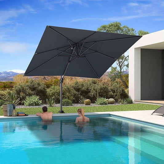 PURPLE LEAF 8' X 8' Patio Umbrella with In-ground Base for Pool 7' High Offset Outdoor Cantilever Umbrella Swimming Pool Umbrella with 360°Rotation for Poolside Light Grey
