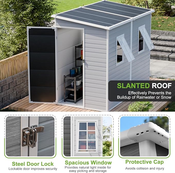8x4 Outdoor Storage Shed, Lean to Shed with Floor for Patio and Garden, Waterproof Resin Plastic Storage Unit with Lockable Door & Awning Windows
