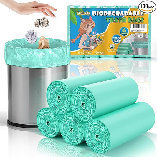 6 Gallon Trash Bags Compostable Green - Heihaily Medium Garbage Bags Strong Thick Bulk 100 Count Biodegradable Unscented for Home and Kitchen Office Liners Waste Basket Can