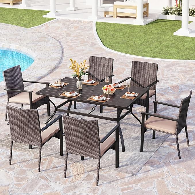 PHI VILLA 7 Piece Outdoor Dining Set for 6, 60” Rectangular Wrought Iron Table with Umbrella Hole & Cushioned Rattan Chairs, Large Furniture Set for Patio, Deck, Yard, Porch