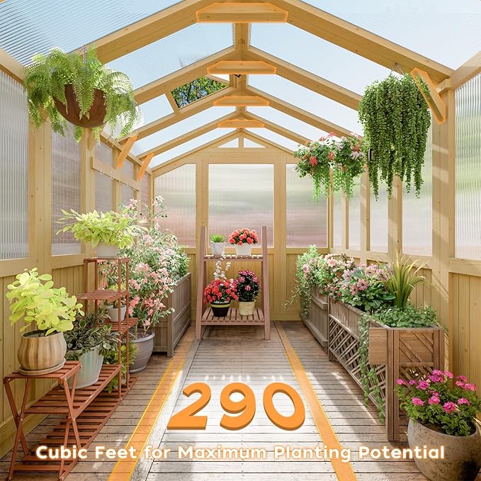 6*8 FT Wood Outdoor Greenhouse Kit, Greenhouses for Outdoors Heavy Duty with Adjustable Roof Vent and Shelves, Walk in Polycarbonate Greenhouse for Outside Garden & Backyard, Light Honey