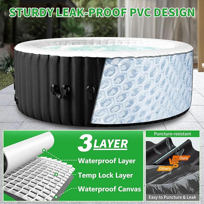 Inflatable Hot Tub, 2-4 Person Round Blow Up Portable Hot Tub, Leak-Proof PVC Outdoor Spa with 120 Strong Air Jets, Heater Pump and Insulated Cover, 71” X 71”X 25”