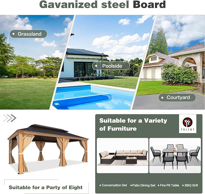 YOLENY 12' x 20' Hardtop Gazebo Wood Grain Pergola with Galvanized Steel Double Roof, Aluminum Frame, Outdoor Patio Gazebo with Netting and Curtains for Deck, Backyard, Patio and Lawns