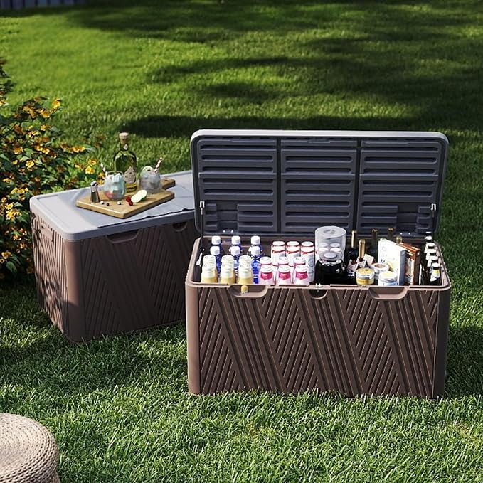 110 Gallon Outdoor Storage Box, Waterproof Patio Deck Box with Lockable Lid, Heavy-Duty HDPE Bench for Garden Tools, Cushions (Brown, 110 Gallon)