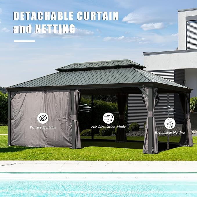 Domi 14'x20' Hardtop Gazebo Canopy,Outdoor Aluminum Gazebo with Galvanized Steel Double Roof,Large Permanent Gazebo Pavilion for Patio Deck Backyard,Curtain and Netting,Grey