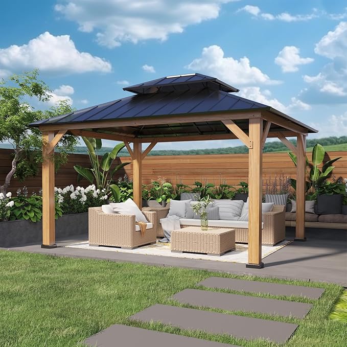 COOS BAY 11x13 Hardtop Gazebo with Cedar Wood Frame, Galvanized Steel Double Roof Outdoor Pavilion for Garden, Lawn, Poolside, Patio, Deck, Natural Wood/Black