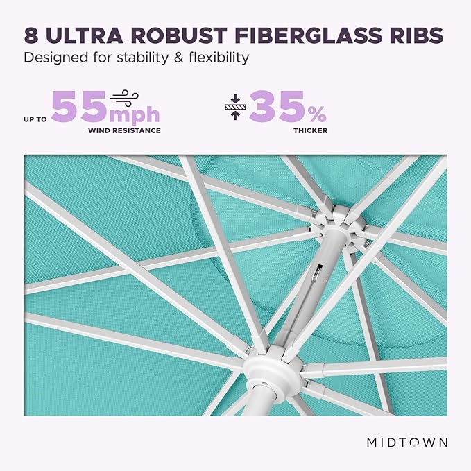 Midtown Umbrellas The Swilt 10 Feet Patio Umbrella in Sunbrella Aruba Acrylic Fabric - Fiberglass Ribs, Auto-Tilt Aluminum Frame For Backyard, Deck, Garden, Pool - White Pole