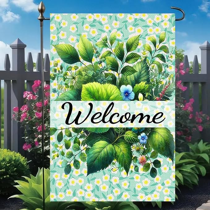 Spring Welcome Garden Flag 12x18 Inch Double-Sided Floral Greenery Yard Flags Decoration for Spring Summer Outdoor Decor Eucalyptus Seasonal Farmhouse Yard Outdoor Flag