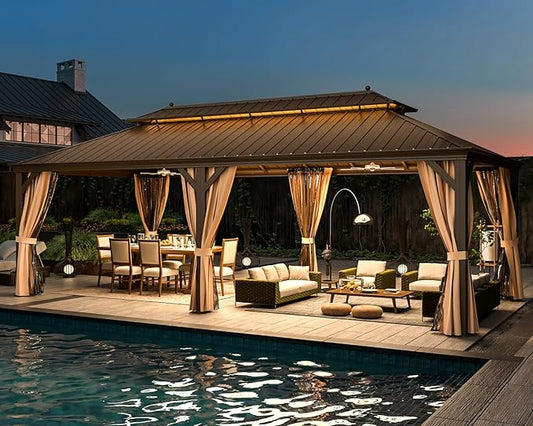 MELLCOM 12' x 24' Hardtop Gazebo,Galvanized Steel Metal Double Roof Aluminum Frame with Curtain and Netting,Brown Permanent Pavilion Gazebo with Aluminum Frame for Patios,Gardens,Lawns