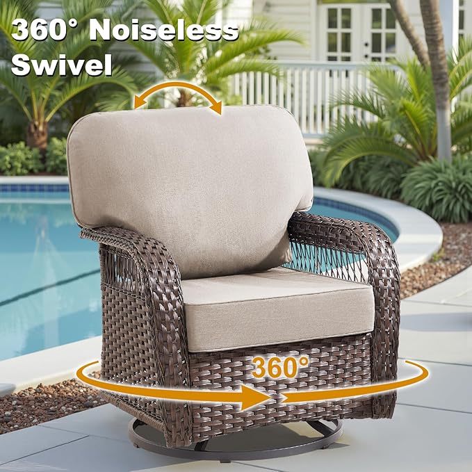 Outdoor Swivel Rocker Chairs - Patio Rocking Chairs Set of 2, Wicker Patio Set with 5" Thick Cushion, Rattan Patio Swivel Rocking Chairs for Porch, Deck, Backyard Beige/Brown