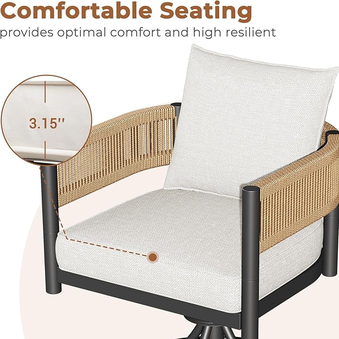 Grand patio Outdoor Dining Chair Set of 2, 2 Pieces Patio Dining Chairs, Metal Woven Wicker Swivel Patio Chairs with Light Beige Cushions for Backyard, Deck, Garden, Porch, Lawn and Poolside (Natural)