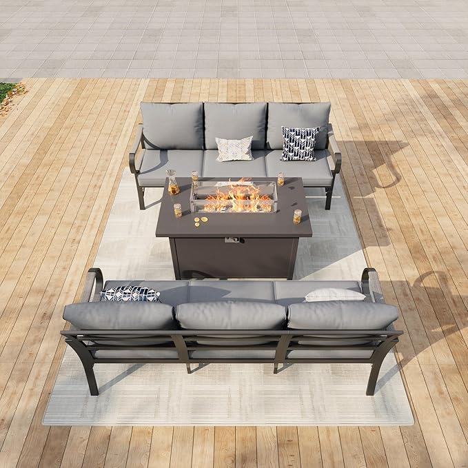 3 Pieces Patio Conversation Sets, All Weather Metal Outdoor Furniture Set, 2 Three-Seater Sofas, 1 Fire Pit Table for Backyard Garden Deck Porch Poolside, Gray